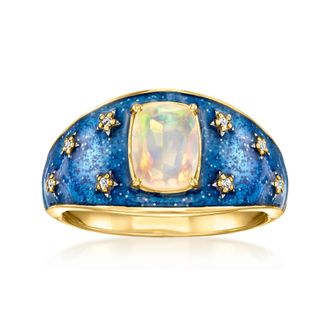 Ross-Simons Opal Celestial Ring With Diamonds and Blue Glitter Enamel in 18kt Gold Over Sterling
