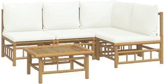 vidaXL Set De Muebles De Jard&iacute;n 5 Piezas Bamb&uacute; Y Cojines Blanco Crema Vidaxl
