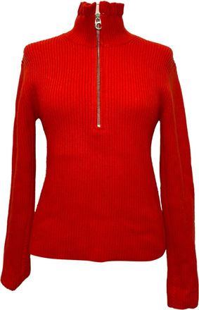Chlo&eacute; Ruffled Neck Ribbed-Knit Sweater in Red Wool