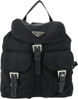 Prada Vela Double Front Pocket Backpack Tessuto With Saffiano Leather Black Nylon Backpack Bag (Pre-Owned)