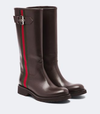 Gucci Web Stripe leather biker boots