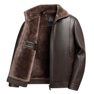 Generic Mens Fleece Jacket Leather Thickened Winter Jacket Zipper Closure Lapel Collar Fitted Warm Coat