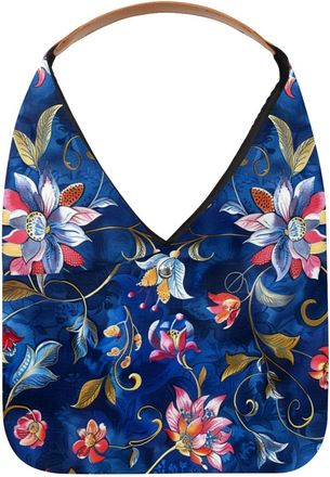 Generic Vintage Ethnic Boho Floral Blue (3) Reusable Lightweight Grocery Bags - Foldable Into Compact Pouch, Washable & Sturdy, Multipurpose for Shopping and 