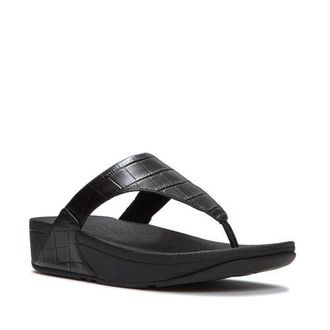 FitFlop Lulu Crocodile Toe-Post Sandals in All Black at Nordstrom, Size 10