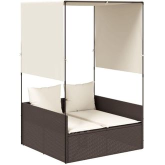 vidaXL Tumbona Doble Con Techo Y Cortinas Rat&aacute;n Sint&eacute;tico Marr&oacute;n Vidaxl