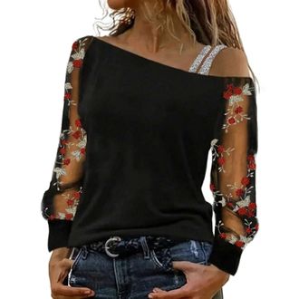 Generic Ladies Party Tops Sparkly Tops for Women UK Party Wear Lace Mesh Sheer Long Sleeve Top Elegant Dressy Blouse Crew Neck Sequin Tee Shirts Trenddy Casua