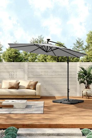 Living and Home 3M LED Lighted Large Garden Cantilever Parasol Outdoor Sun Shade Banana Umbrella Crank Tilt with Square Base, Dark Grey in Light Grey