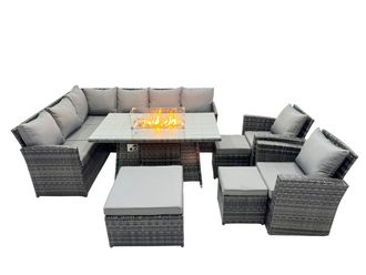Fimous 11 Seat Gas Firpit Dining Table Corner Sofa Set with 3 Stool 2 Chairs in Dark Grey