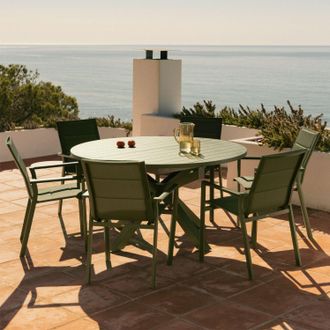 Sklum Set Da Tavolo 145-200x145 Cm Allungabile Barces E 6 Sedie Da Giardino Impilabili Con Braccioli In Alluminio Karena Sklum