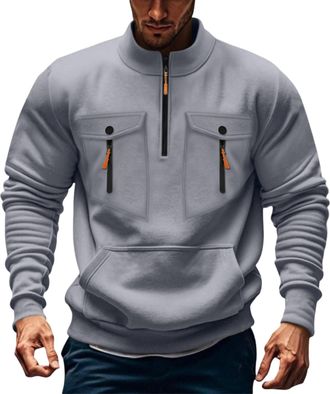 Generic Mens Quarter Zip Sweatshirt With Multiple Pockets, Mens Solid Color Pullover With Pockets, Fashion Designed Pullover Comfy Casual Fleece Sweatshirt Th