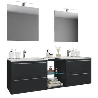 VCM 3 Pcs Set 2 Lavabo, 2 Espejos, 2 Lavabos, 1 Compartimento Medio Lavabo De Cer&aacute;mica Gabinete Inferior 195 Cm Mueble De Ba&ntilde;o Set De Lavadero Doble - Bad