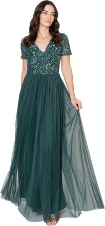 Maya Womens Womens Ladies for Wedding Guest Plus Size Empire High Waist Sequins Short Sleeve Bridesmaid Dress, Emerald Green, 24 UK