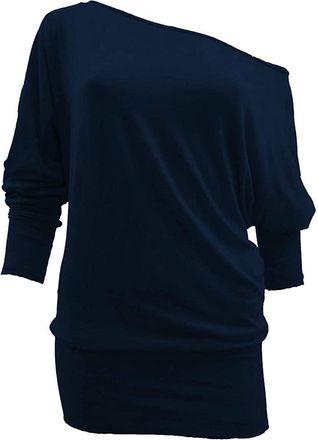 Crazy Girls Womens Long Sleeve One Off-Shoulder Plain Baggy Batwing Top UK8-24, Navy, 2XL (UK 20-22)