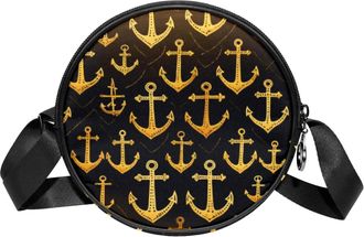 Generic Circle Crossbody Bag for Women, Golden Anchors Small Sling Bag Daypack with Zipper Adjustable Shoulder Straps Casual Ladies Girls Round Purse
