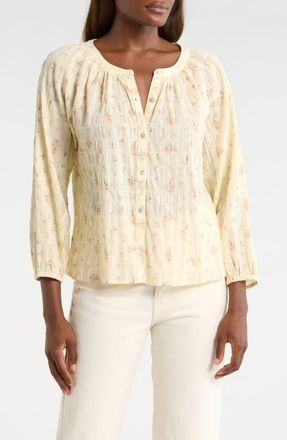 Lucky Brand Ditsy Floral Stretch Cotton Button-Up Top in Yellow Floral at Nordstrom, Size Xx-Large