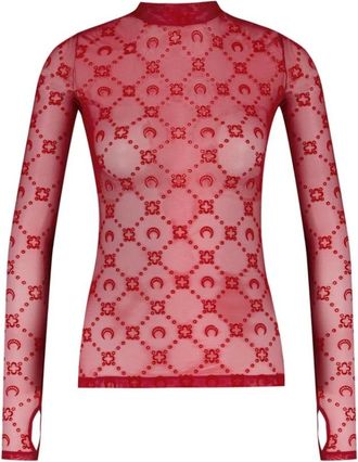 Marine Serre Long Sleeve Tops, female, Red, Size: M Moonogram Mesh Flock Second Skin Highneck Top