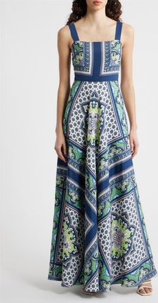 Eliza J Scarf Print Sleeveless Maxi Dress in Navy Lime at Nordstrom, Size 16