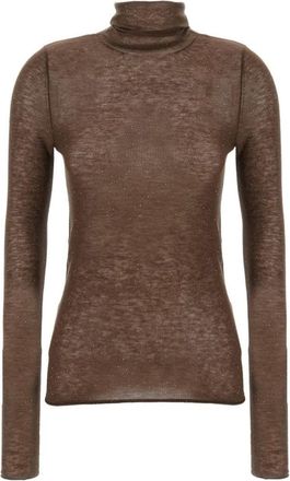 Pinko Fitted Brown Turtleneck Sweater With Subtle Sparkle