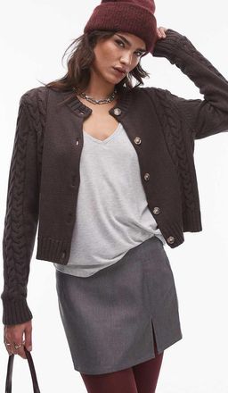 R&eacute;sum&eacute; Cardigan in maglia a trecce aderente marrone scuro