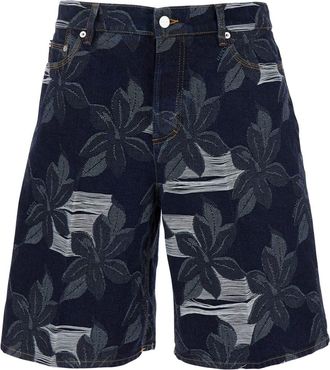 Gucci Blue Bermuda Shorts With All-over Floral Embroidery And Logo Patch On The Back In Denim Man