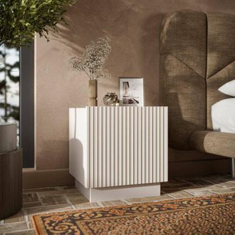 Dmora Conjunto De 2 Mesitas De Noche Revo, C&oacute;moda Baja Con Puerta Abatible Y Compartimento Interior, Acabado Efecto Estriado, 47x40 H45 Cm, Beige