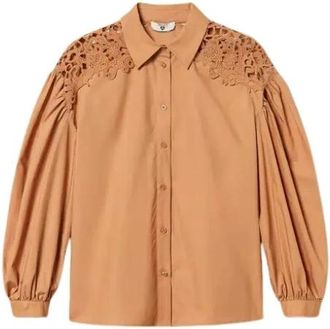 Twinset Overhemden, Dames, Bruin, S, Camicia in popeline con macram&egrave;