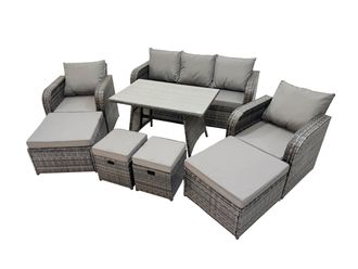 Fimous Garden Rattan Furniture Set 9 Seater with 2 Big Stool 2 Small Stools in Dark Grey