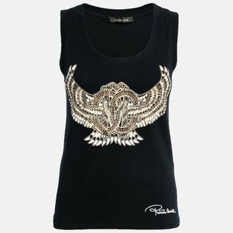 Roberto Cavalli Black Stretch Cotton Printed Tank Top L