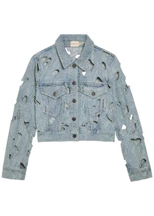 Alice & Olivia Chloe Embroidered Cut-out Denim Cropped Jacket - Blue - XL (UK16 / XL)