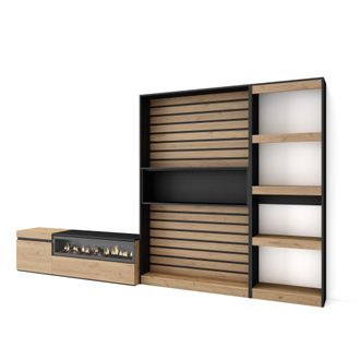 Skraut Home Muebles De Sal&oacute;n Para Tv, Conjunto De Muebles Comedor, 320x186x35cm, Chimenea El&eacute;ctrica, Estilo Moderno, Roble Y Negro - Skraut Home