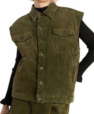 Flying Tomato Corduroy Button Down Vest In Olive