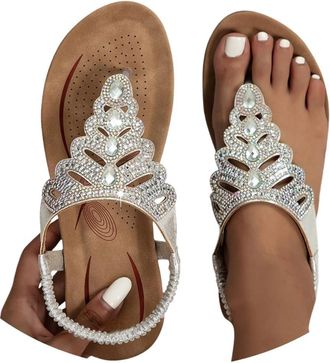 Generic Summer Sandals Women,Sandals for Women,Casual Beach Shoes T-Bar Beads Sandal,Lightweight Slip On Slides Platform Slippers Beach Holiday Summer Elegant