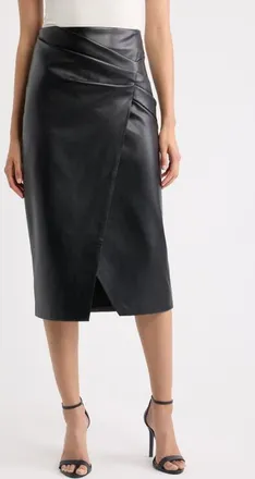 Elie Tahari Amelia Faux Leather Faux Wrap Skirt in Noir at Nordstrom, Size 10