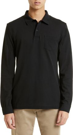 Sunspel Riviera Long Sleeve Cotton Piqu&eacute; Polo in Black at Nordstrom, Size Medium