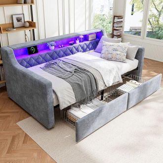 Matteo Upholstered Bed, 3FT Single Bed Daybed Sofa Bed, With Light Strip, Charging Port in Grey | Size: Single Fitted