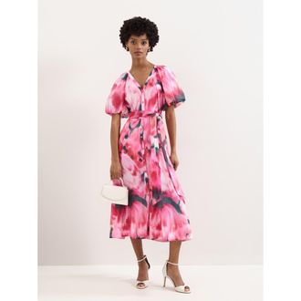 Phase Eight Caterina Puff Sleeve V-Neck Shirt Dress in Pink at Nordstrom, Size 10