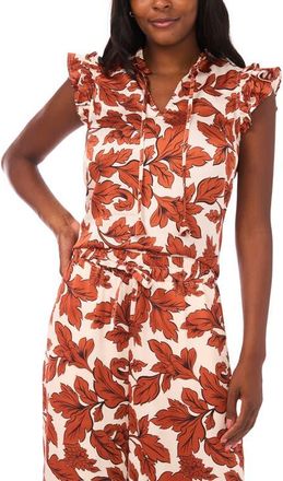 Vince Camuto Floral Flutter Sleeve Satin Top in Peach Whip at Nordstrom, Size X-Large