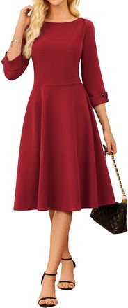 Grace Karin Womens Summer Office Work Dresses Boat Neck 3/4 Sleeve Flared A-Line Dress for Party Red 2XL