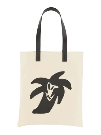 Palm Angels Mens Cotton Canvas Shopping Bag White Shoulder