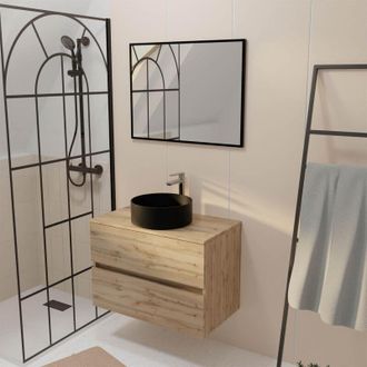 Aurlane Aurlane - Mueble Ba&ntilde;o 80cm 2 Cajones Roble + Lavabo Negro &Oslash;36cm + Espejo 60x80cm
