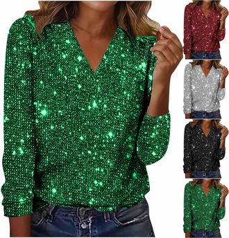 Generic Ladies Christmas Tops Tops for Women UK Sparkly V Neck Long Sleeve Party Shirts Sequin Shinny Cocktail Tees Glitter Fashion Holiday Night Club Gifts G