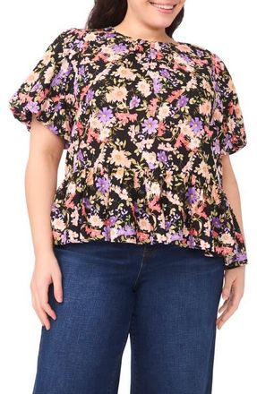 CeCe by Cynthia Steffe Floral Puff Sleeve Peplum Top in Rich Black at Nordstrom, Size 3 X