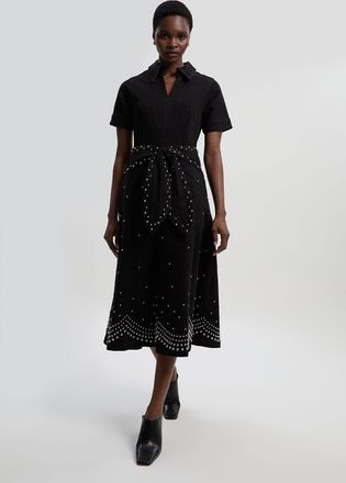 Karen Millen Womens Denim Placed Studs Tie Belted Short Sleeve Full Midi Dress - Black Cotton - Size 10 UK