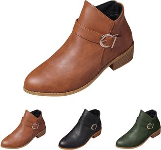 Generic Womens Zip Up Ankle Boots Womens Buckle Ankle Boots Vintage Style Short Booties Fashion Chelsea Booties Comfortable Classic Bootie Side Zip Low Heel S