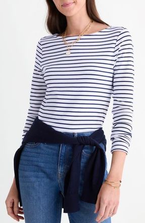 Vineyard Vines Boat Neck Stretch Cotton Top in Baystripe White/Navy at Nordstrom, Size X-Large