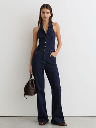 Reiss Indigo Blue Denim Halterneck Flared Jumpsuit, 18