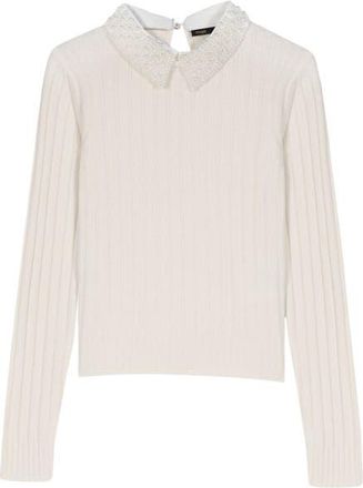 Maje Pearl-collar ribbed sweater in Ecru at Nordstrom, Size X-Small