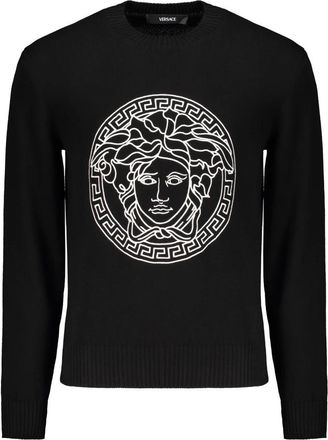 Versace Geborduurde katoenen trui met ronde hals - Heren - Ronde hals truien - Zwart - 3XL - Katoen - Truien & Vesten