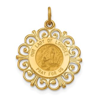 Diamond2Deal 14k Yellow Gold Satin Solid Our Lady of Lourdes Medal Scalloped Edge Pendant
