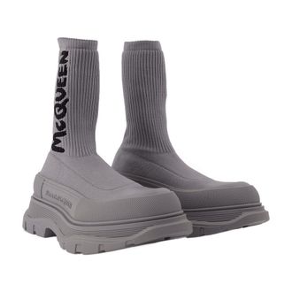 Alexander McQueen Logo-Embroidered Sock Boot - Gray